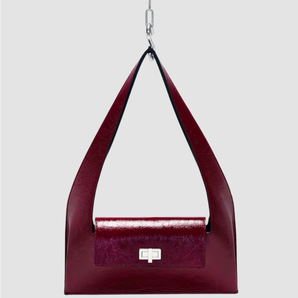 Glossy Burgundy Shoulder Bag with Silver Turn-Lock